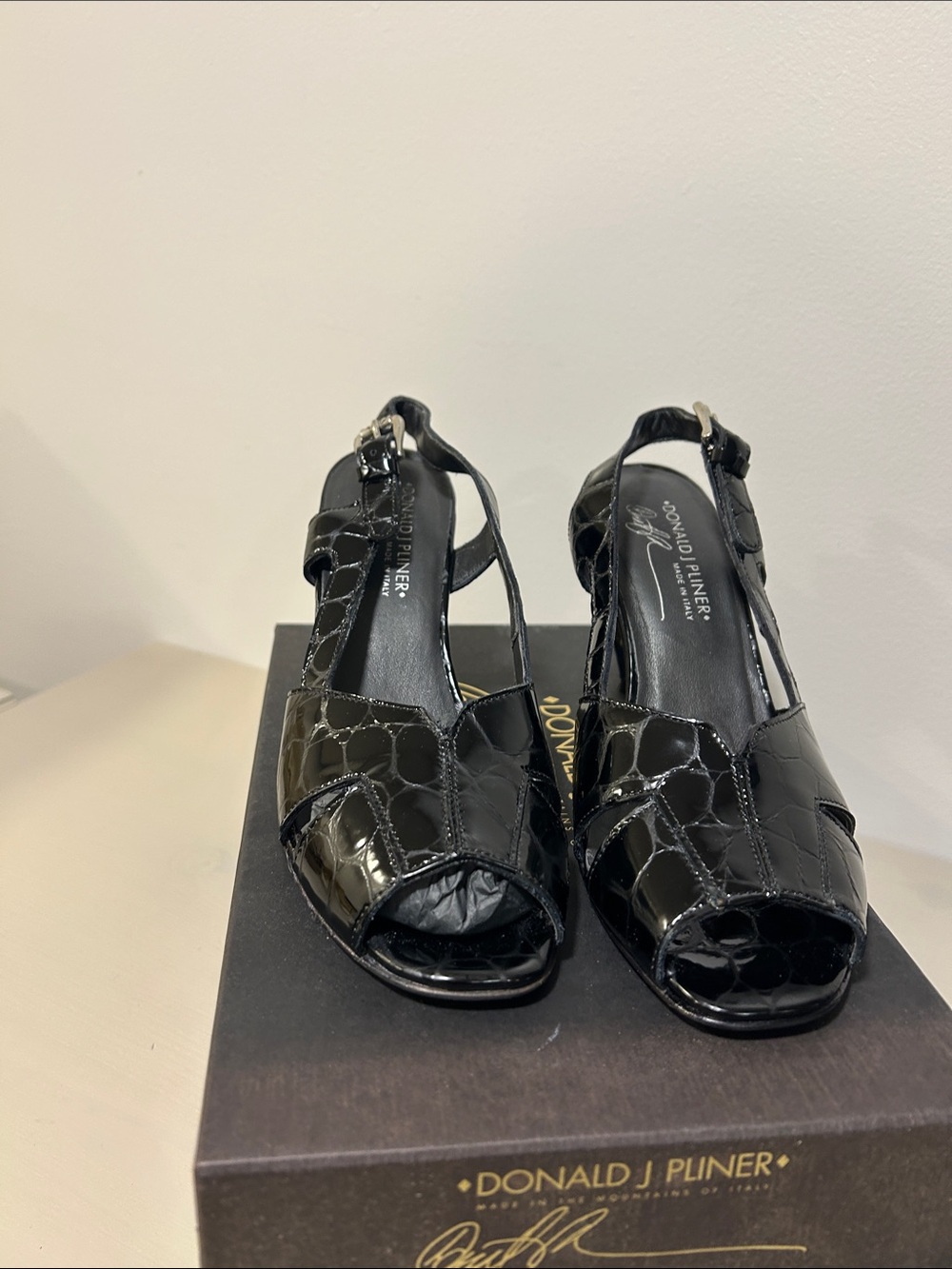 Donald J. Pliner Black Croc Patent Peep-Toe Slingbacks